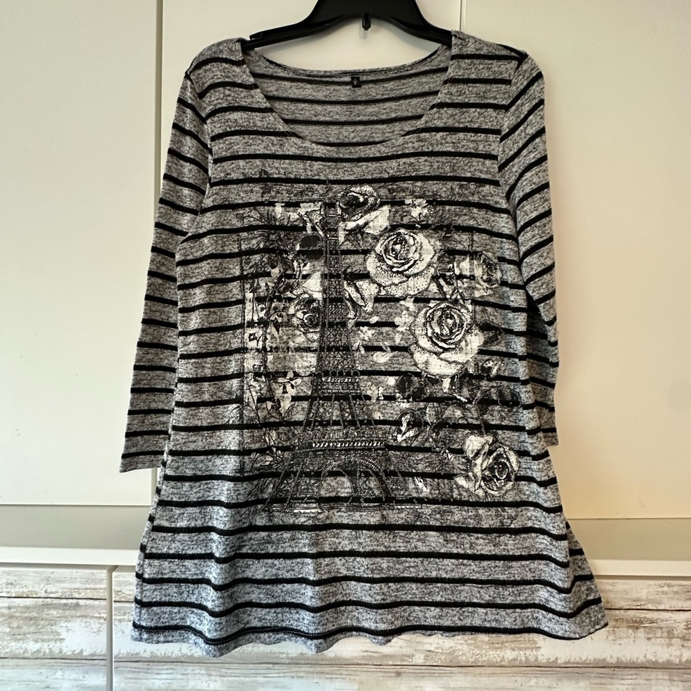 🖤 Savannah Blues Paris Eiffel Tower Floral Striped Tunic Top S USA